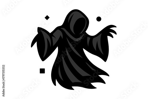 Dark ghostly figure in a flowing black cloak with outstretched hands floating in the air