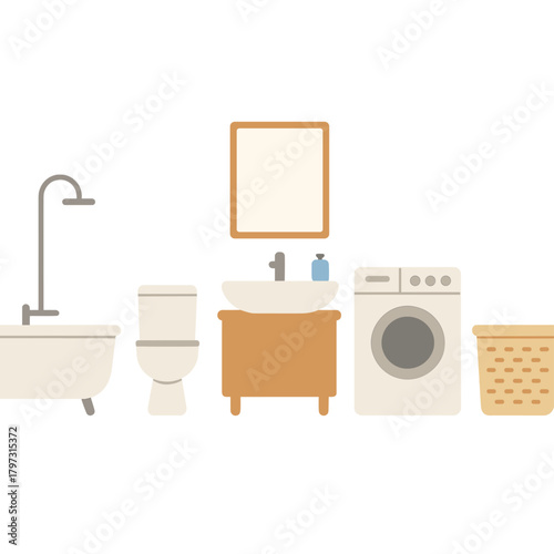 Modern bathroom and laundry room furniture and appliances set on white background