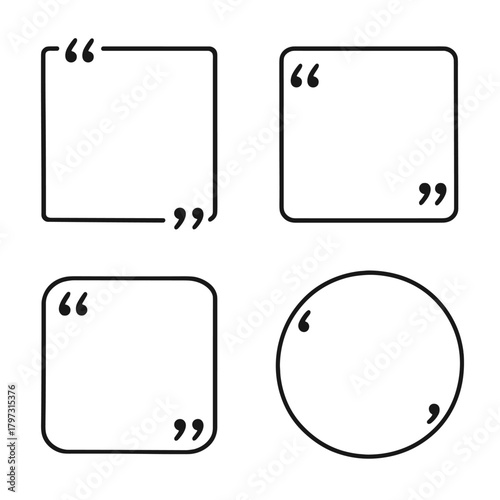 Set of four quote box frames with quotation marks in various geometric shapes