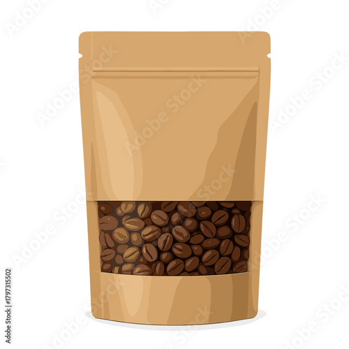 Blank brown kraft paper stand-up pouch packaging mockup with coffee beans visible through a clear window