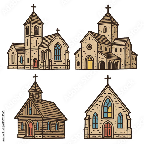 Set of four retro style Christian church buildings with crosses and detailed architecture