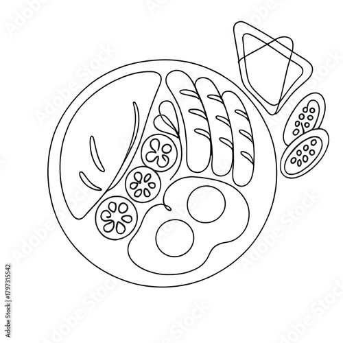 Hearty breakfast plate featuring fried eggs, sausages, bacon, and sliced tomatoes