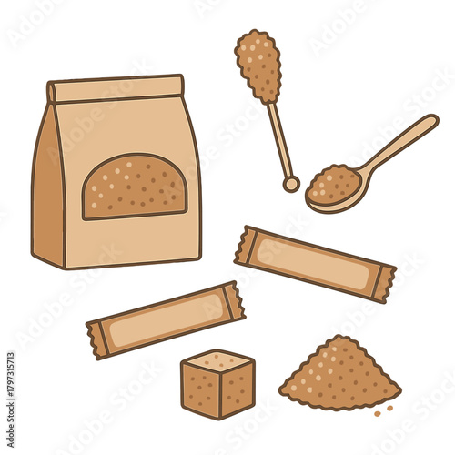Various brown sugar types: loose pile, cube, spoon, bag, and sealed packets