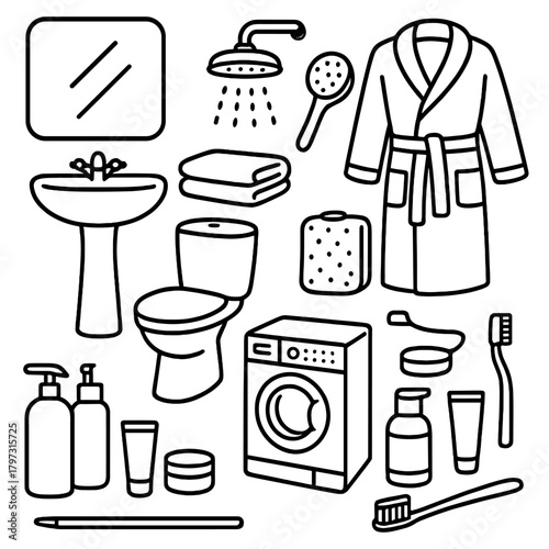 Essential bathroom and hygiene objects set including sink, toilet, shower, and washing machine