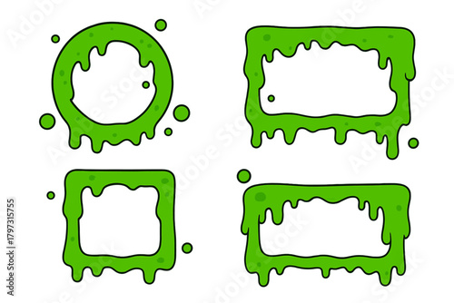 Collection of four different shapes of dripping green toxic slime frames and borders