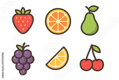 Colorful collection of fresh fruit symbols including strawberry, orange, pear, and grapes