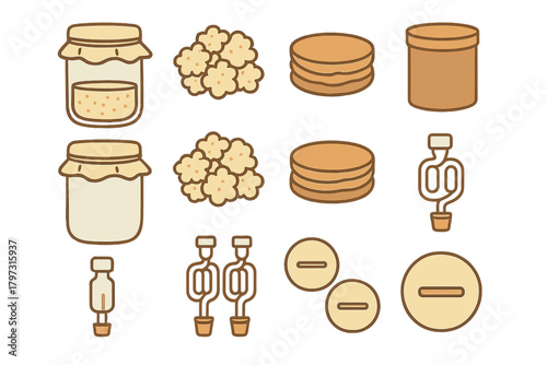 Fermentation and baking elements including jars, starter culture, dough, and airlocks