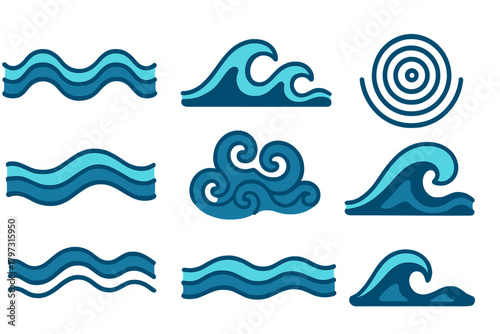 Stylized blue water wave shapes and dynamic ocean current symbols for marine design
