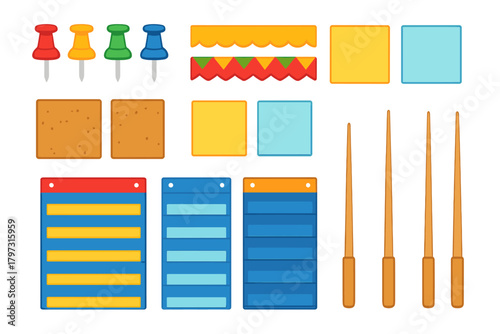 Colorful set of school and supplies including pushpins, sticky notes, and list cards
