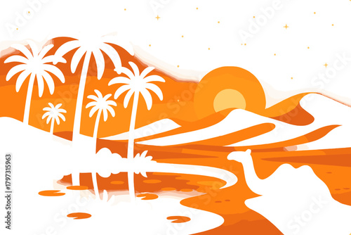 Vibrant orange desert landscape with white palm trees and camel silhouette under the setting sun