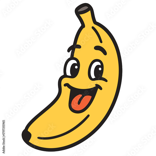 Cheerful yellow banana cartoon mascot with happy expression and tongue sticking out