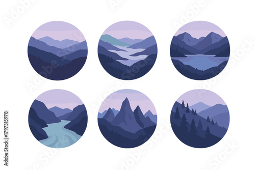 Minimalist circular icons depicting layered mountain landscapes and natural scenery