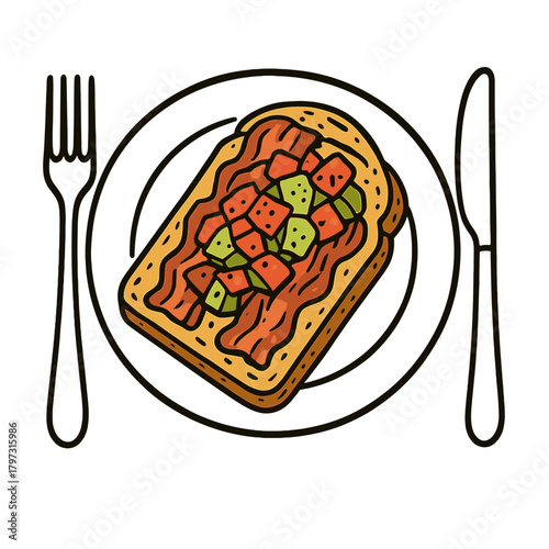 Open-faced sandwich with diced avocado and tomato on toast served with cutlery