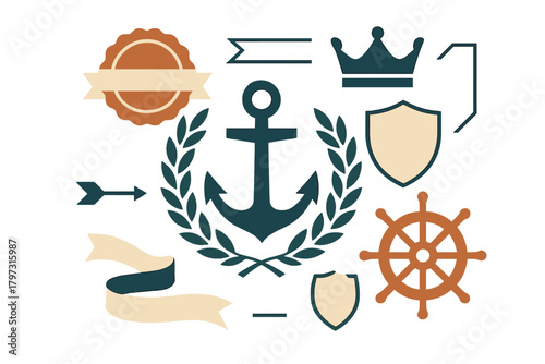 Vintage nautical and heraldic design elements featuring anchor, ship wheel, crown, and shields