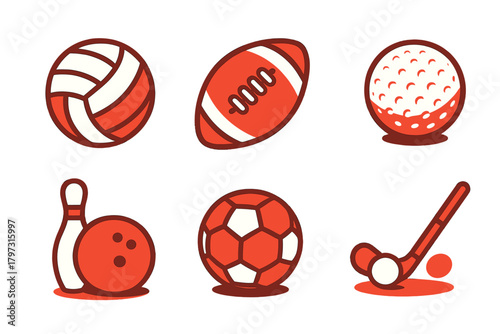 Collection of popular sports balls and athletic equipment including volleyball, football, golf, bowling, and soccer
