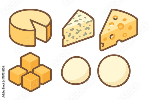 Isometric set of various cheese types including wheel, wedges, cubes, and rounds on white background