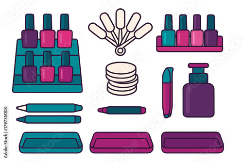 Manicure and pedicure supplies set with nail polish, color swatches, cotton pads, and cosmetic tools