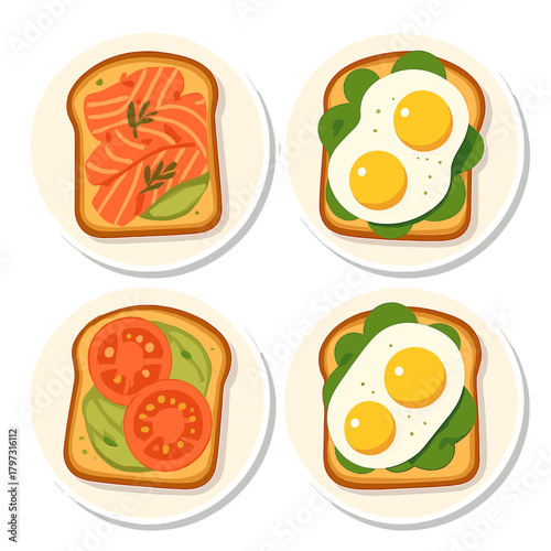 Four plates of delicious breakfast toast topped with salmon, fried eggs, avocado, and fresh tomato slices