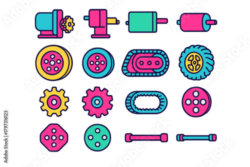 Brightly colored set of mechanical and robotic elements like gears, wheels, tracks, and motors