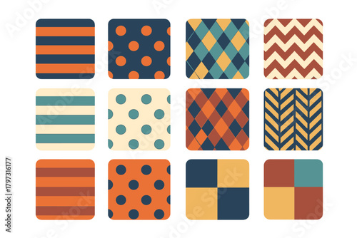 Twelve seamless retro geometric patterns featuring stripes, polka dots, argyle, and chevron designs