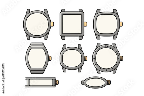 Variety of empty watch cases including round square and oval shapes for timepiece design