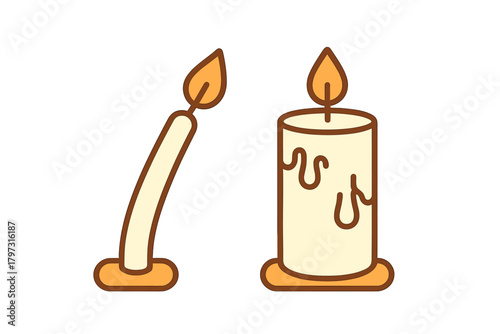 Pair of stylized burning candles showing different shapes and melting wax details