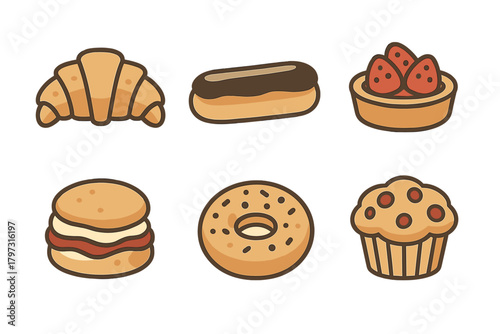Six delicious baked goods including croissant eclair donut muffin and strawberry tart