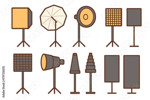 Set of professional studio lighting equipment icons including softboxes umbrellas and light stands