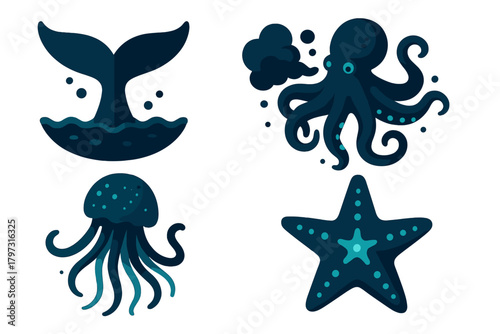 Dark blue marine life icons set with whale tail, octopus, jellyfish, and starfish