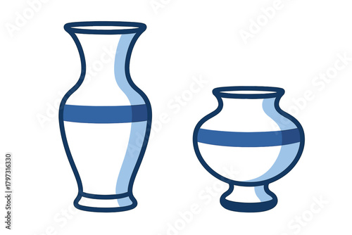 Two stylized ceramic vases with blue stripes and outlines on a white background