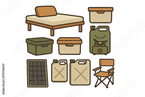 Essential outdoor adventure equipment set with portable bed, folding chair, solar panel, and fuel containers
