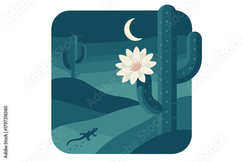 Desert night landscape with blooming saguaro cactus, crescent moon, and small lizard silhouette