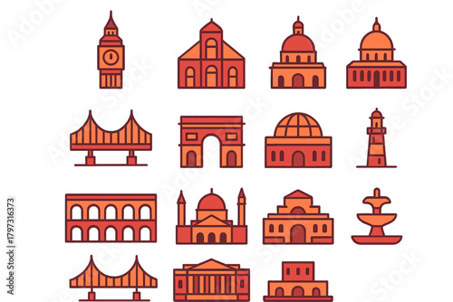 Stylized architectural icons of famous world travel destinations and historical monuments