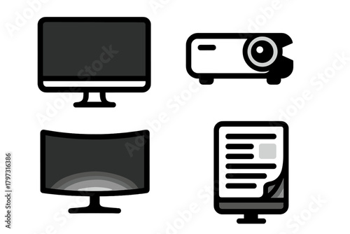 Collection of electronic display devices: flat screen, curved monitor, and projector