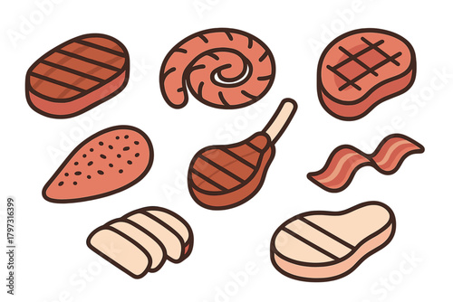 Various raw and cooked meat cuts including steak, sausage, bacon, chicken breast, and poultry