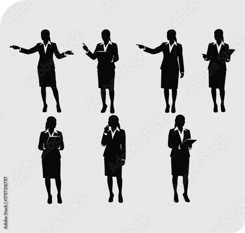 Businesswoman silhouettes, professional women, corporate attire, confident gestures, leadership roles, office communication, executive posture, teamwork, business presentation, workplace behavior