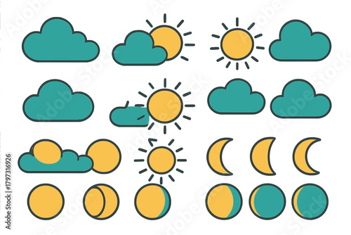 Stylized set of weather and celestial icons featuring sun, clouds, and moon phases