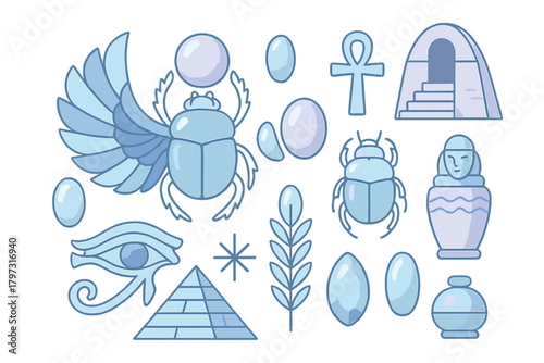 Ancient Egyptian symbols and artifacts set featuring scarab, Eye of Horus, ankh, and pyramid icons