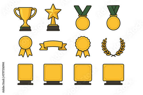 Collection of golden awards, trophy cups, star statues, medals, ribbons, and recognition plaques