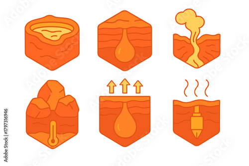 Subsurface energy and resource symbols showing oil, gas, geothermal heat, and drilling