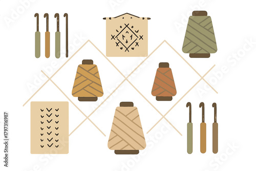 Earthy toned crafting supplies set with yarn spools, crochet hooks, and textile swatches