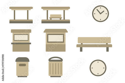 Public transportation station elements set including bus stop shelter, ticket kiosk, bench, and clock