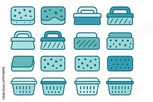 Collection of cleaning sponges, scrub brushes, and utility baskets in blue tones