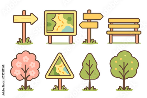 Outdoor park and hiking elements including trees, wooden signs, trail maps, and seating bench