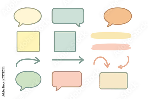 Pastel speech bubbles, geometric shapes, and arrows for flowcharts and diagrams
