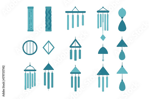 Minimalist collection of decorative wind chimes and hanging ornaments featuring geometric shapes
