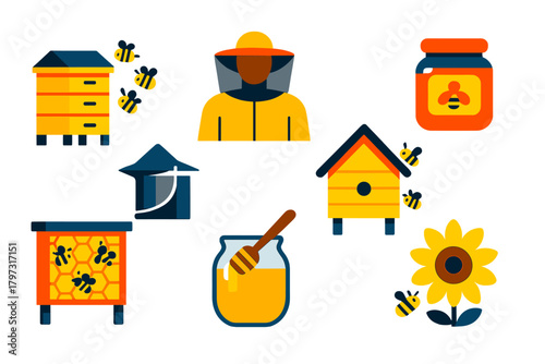 Essential elements of beekeeping including hives, honey jars, bees, and a beekeeper