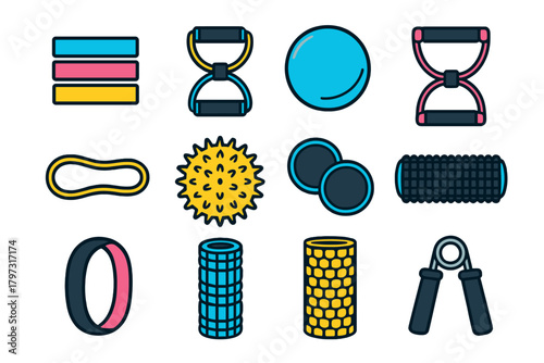 Vibrant fitness equipment icons featuring resistance bands, foam rollers, stability balls, and hand grips