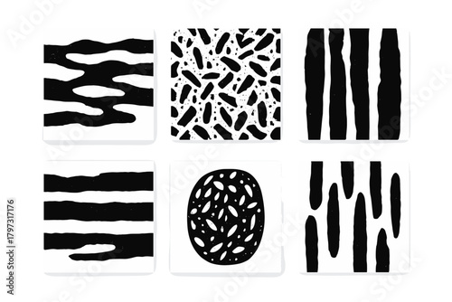 Abstract black and white distressed patterns featuring stripes and organic shapes
