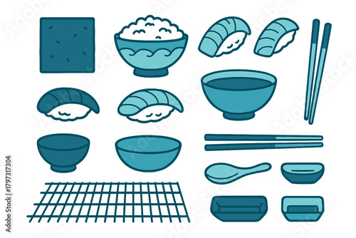Stylized set of Japanese food elements including sushi, rice, bowls, and chopsticks
